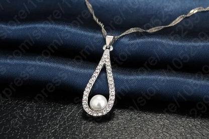 925 Sterling Silver Crystal Water Drop Pearl Necklace Earrings Jewelry Set