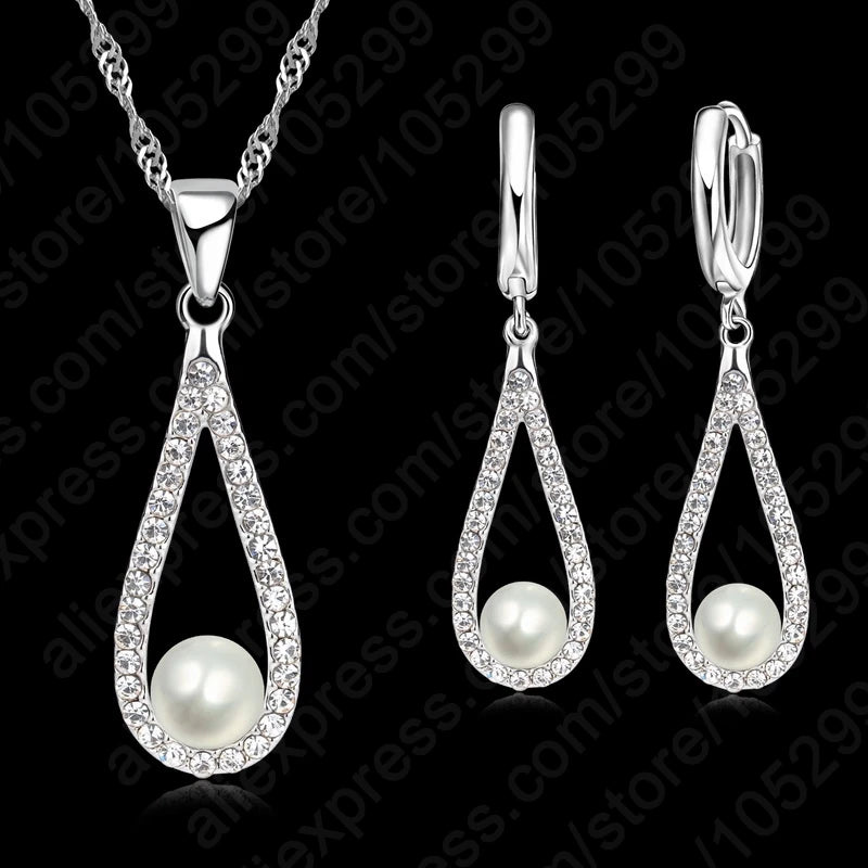 925 Sterling Silver Crystal Water Drop Pearl Necklace Earrings Jewelry Set