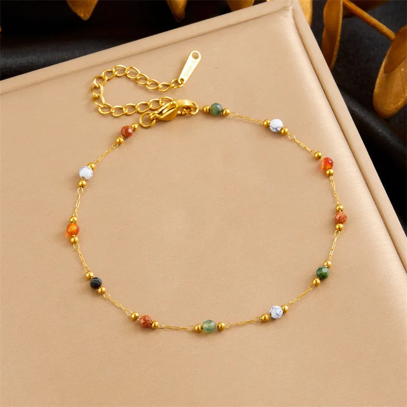 Fashion Design Colored Stone Bead Stainless Steel Retro Style Chain Bracelet