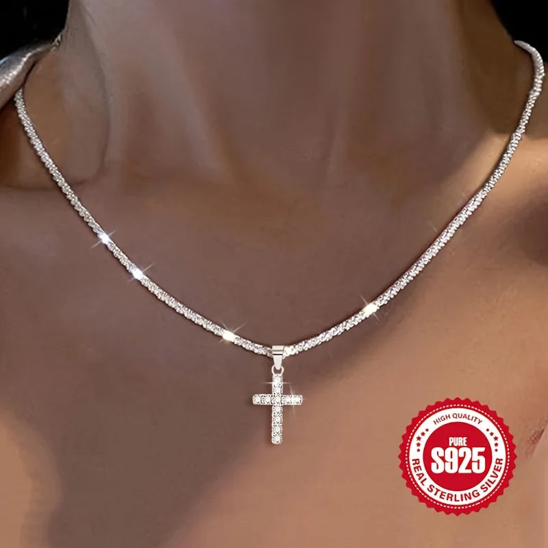 925 Sterling Silver Plated Women's Chain Necklace With Cross Pendant, Hypoallergenic Necklace