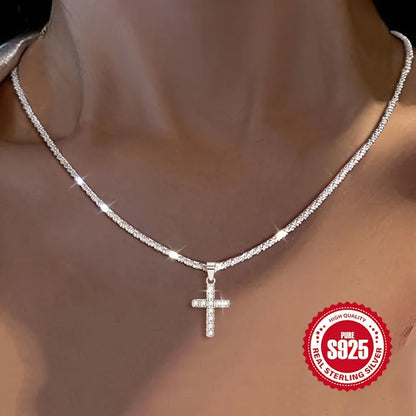 925 Sterling Silver Plated Women's Chain Necklace With Cross Pendant, Hypoallergenic Necklace