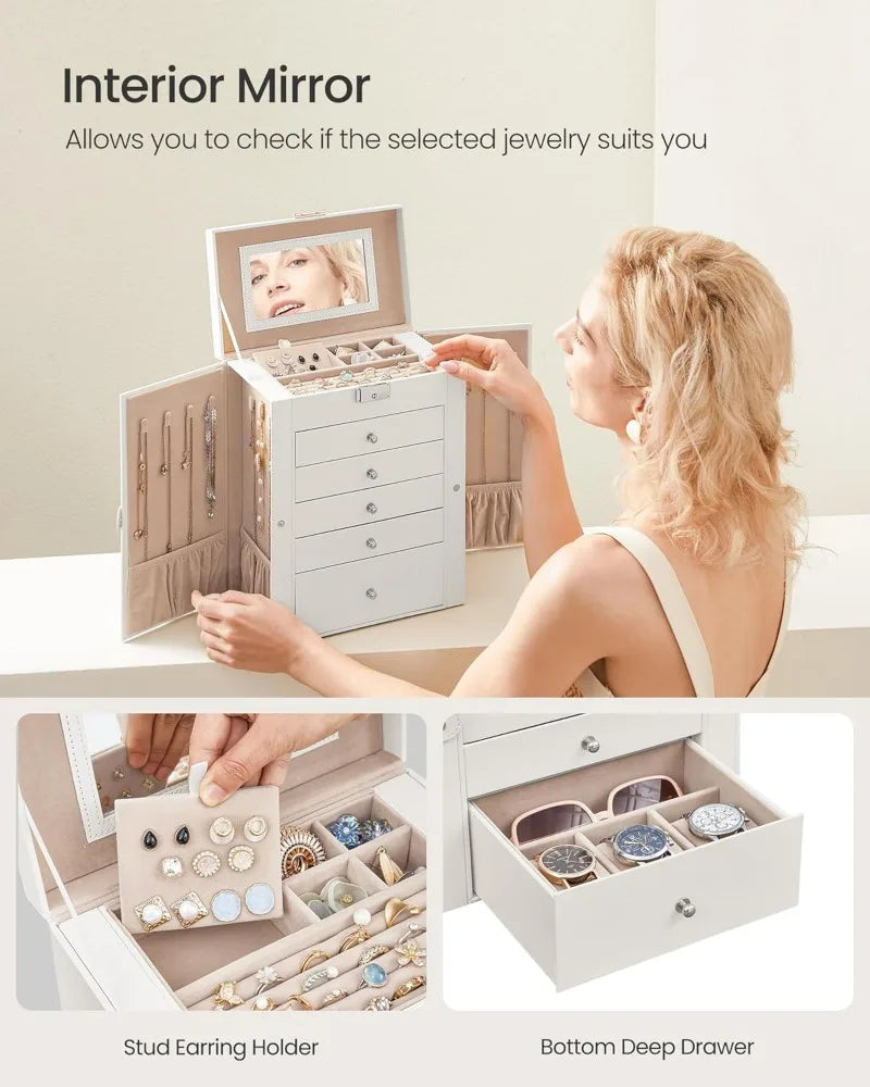 6 Tier Jewelry Box, Jewelry Storage Organizer with 5 Drawers, Large Storage Capacity, with Mirror, Lockable, Jewelry Case