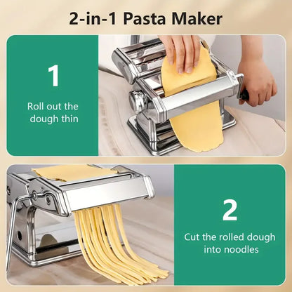 Premium Stainless Steel Pasta Maker Machine - Effortless Manual Operation, 7 Adjustable Thickness Settings, Dual Width Noodle Cu