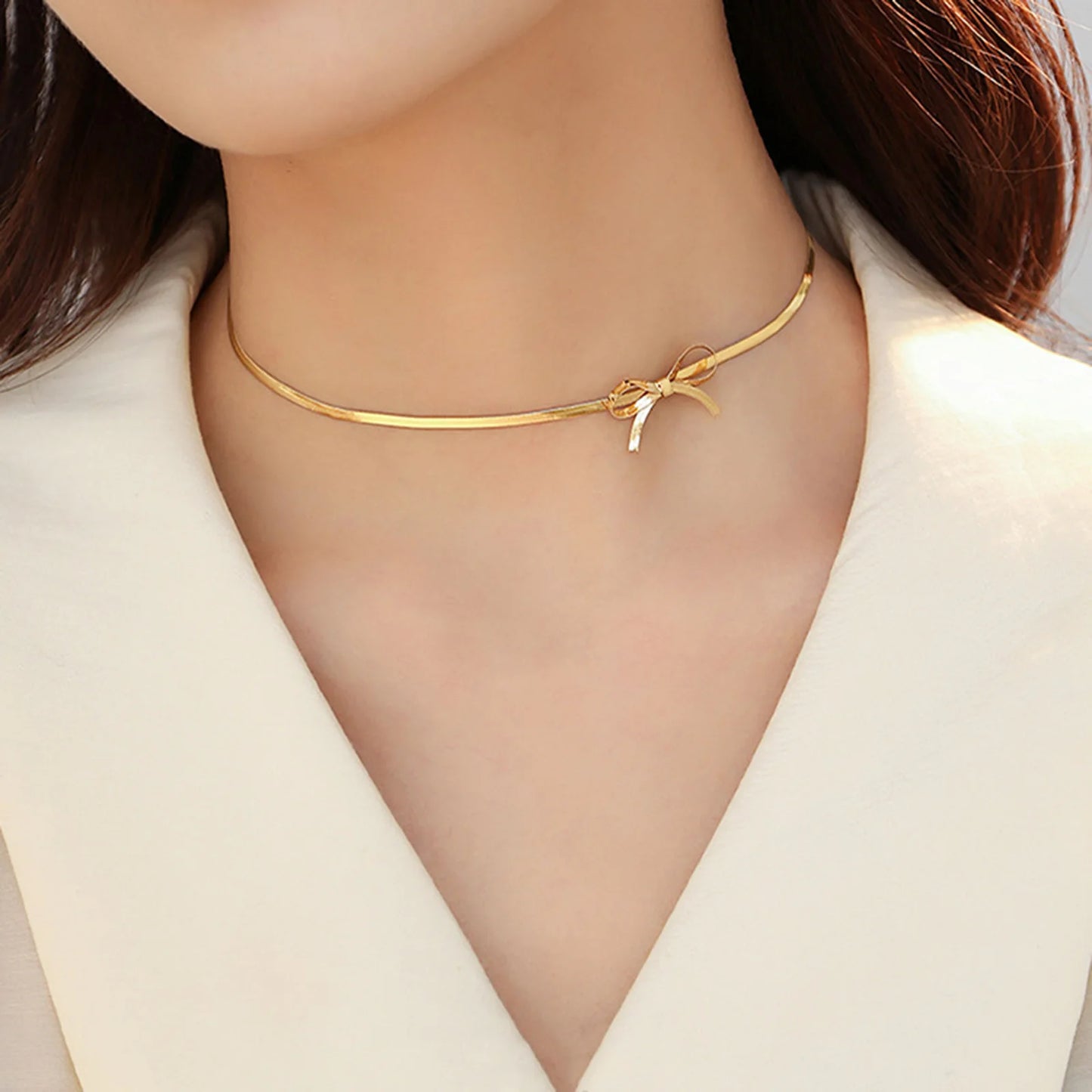 1pc Bowknot Choker Necklace 304 Stainless Steel Chain Choker Necklace Women Fashion Elegant Jewelry   33cm long