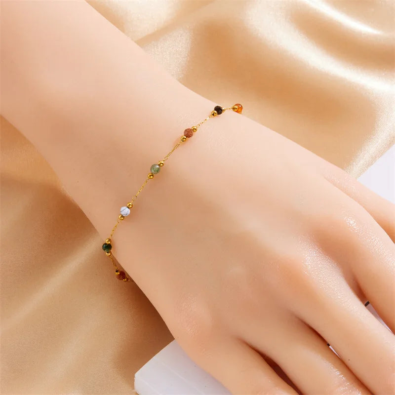 Fashion Design Colored Stone Bead Stainless Steel Retro Style Chain Bracelet