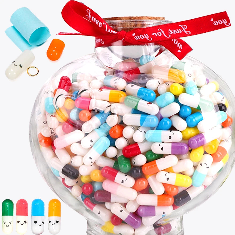 Message Capsules Love Pill with Roll Paper Blank Notes Wish Bottle Capsule Smile Emoticon Wedding Favour Party Valentine Gift