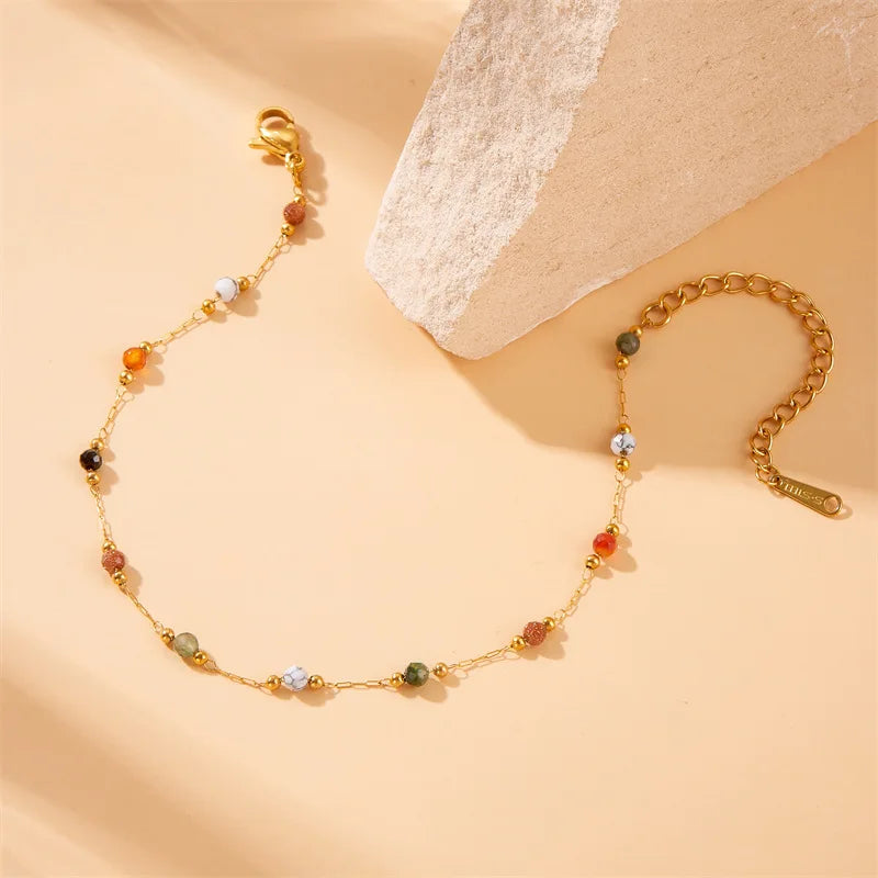 Fashion Design Colored Stone Bead Stainless Steel Retro Style Chain Bracelet