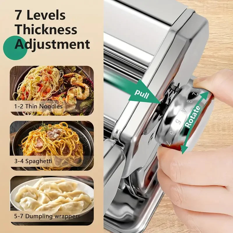 Premium Stainless Steel Pasta Maker Machine - Effortless Manual Operation, 7 Adjustable Thickness Settings, Dual Width Noodle Cu