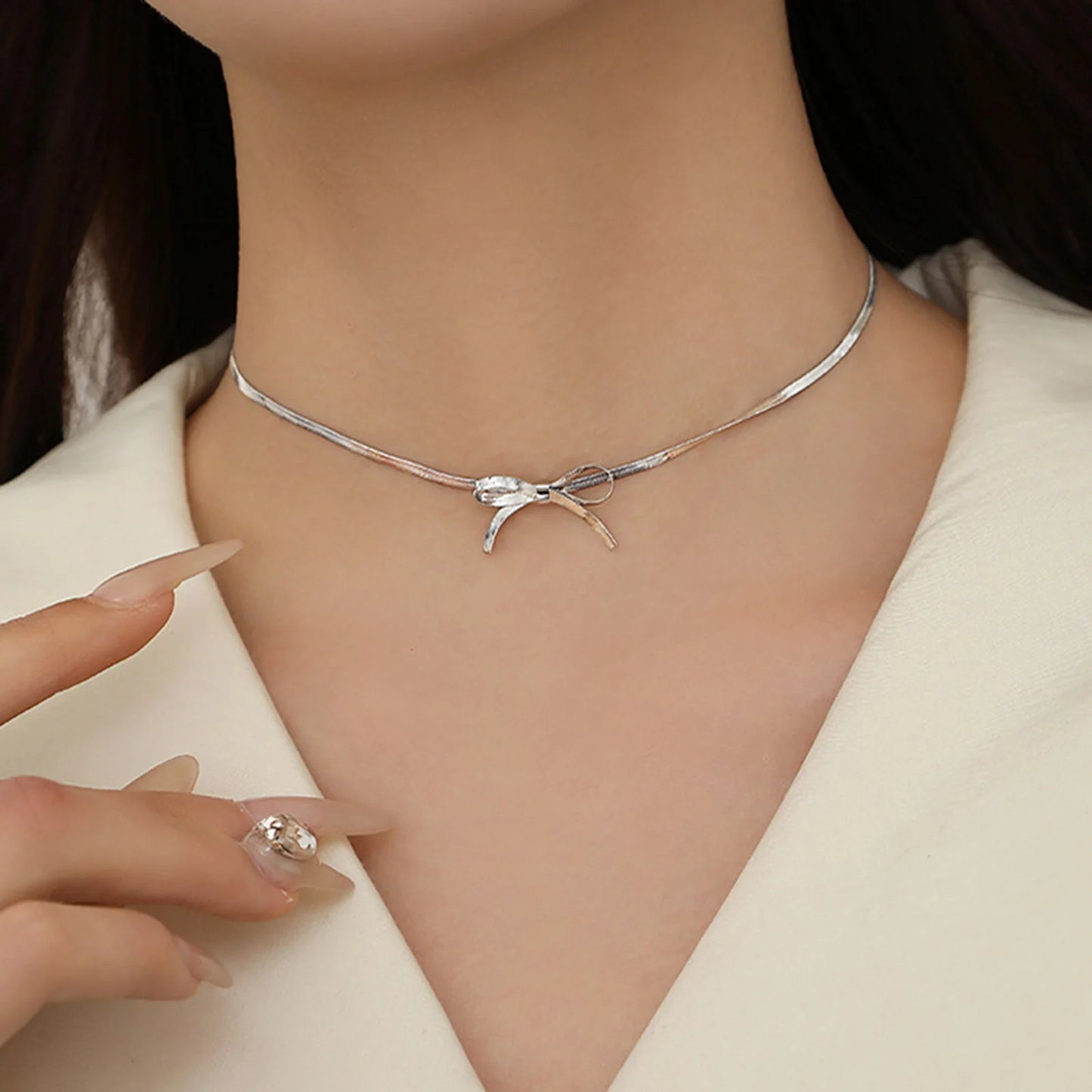 1pc Bowknot Choker Necklace 304 Stainless Steel Chain Choker Necklace Women Fashion Elegant Jewelry   33cm long