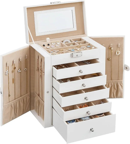 6 Tier Jewelry Box, Jewelry Storage Organizer with 5 Drawers, Large Storage Capacity, with Mirror, Lockable, Jewelry Case