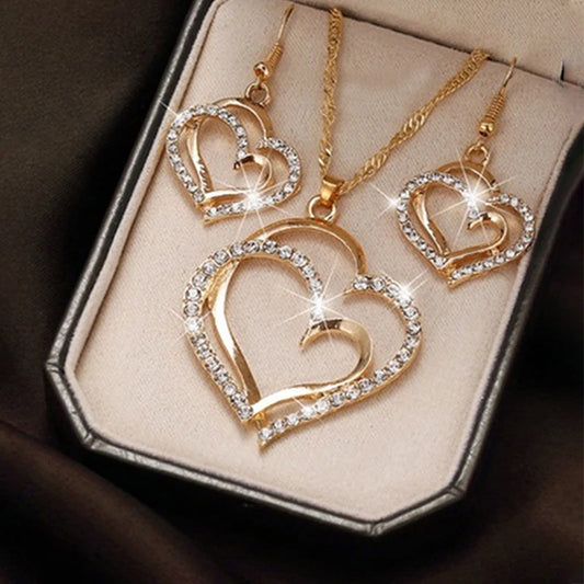 Exquisite Fashion Rhinestone Double Heart Jewelry Set