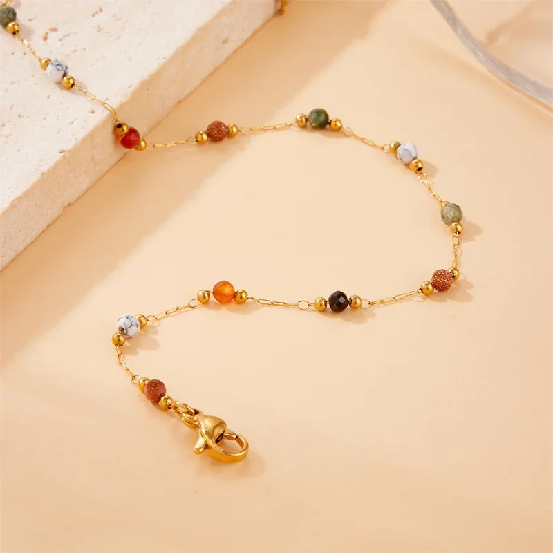 Fashion Design Colored Stone Bead Stainless Steel Retro Style Chain Bracelet