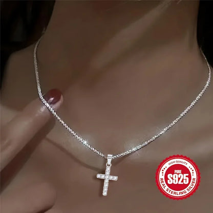 925 Sterling Silver Plated Women's Chain Necklace With Cross Pendant, Hypoallergenic Necklace